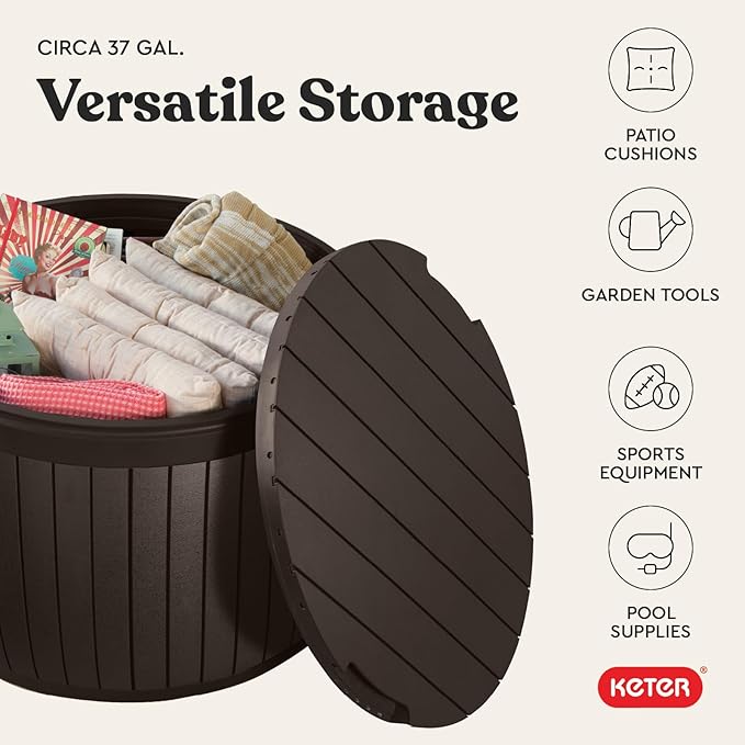 Keter Circa 37 Gallon Deck Box Organizer, Works as Ottoman Chair or Side Table, Brown – Large Resin Round Outdoor Storage and Seating for Garden, Pool, and Patio - Image 6