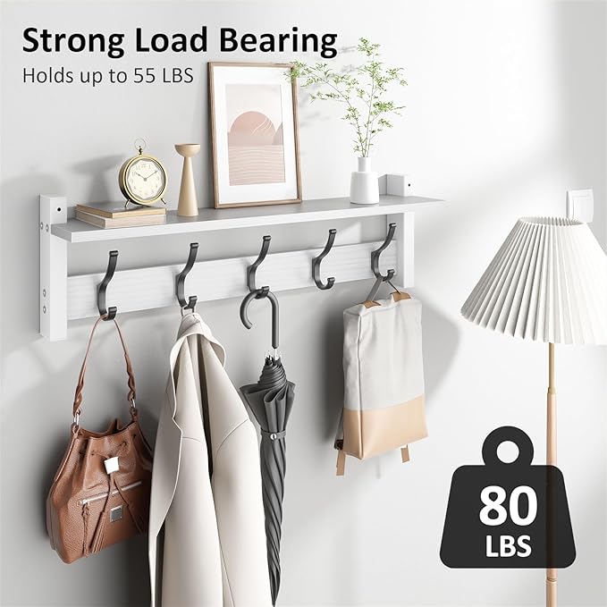 Coat Rack Wall Mount with Shelf, 24 Inch Coat Hanger Walls Mounted, Hat Rack - Image 2