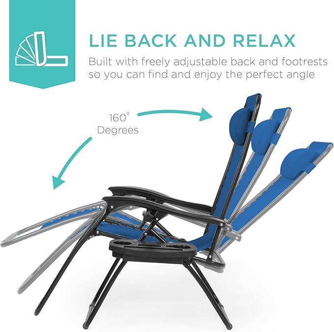 Best Choice Products Set of 2 Adjustable Steel Mesh Zero Gravity Lounge Chair Recliners w/Pillows and Cup Holder Trays - Marine Blue/Black - Image 3