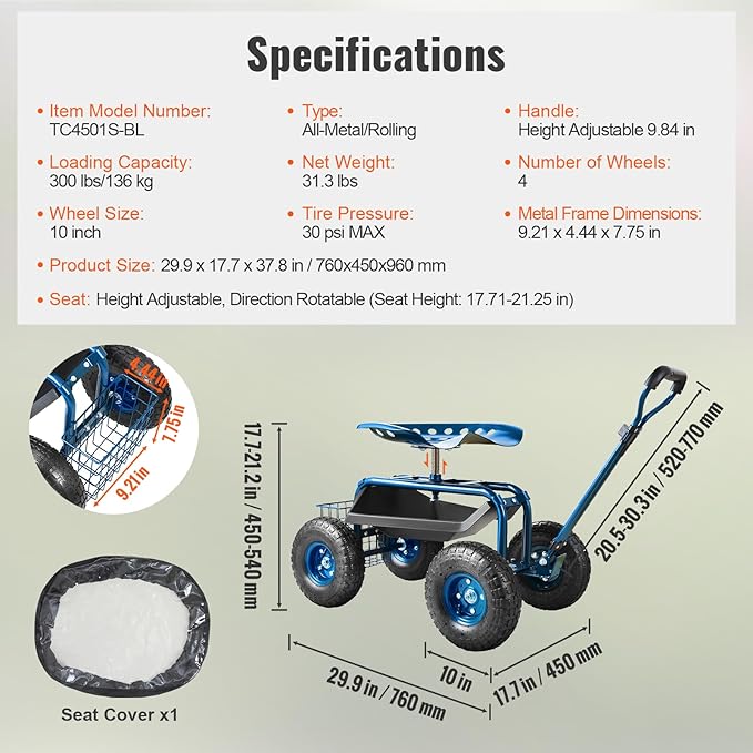 VEVOR Garden Cart Rolling Workseat with Wheels, Gardening Stool for Planting, 360 Degree Swivel Seat, Wagon Scooter with Steering Handle & Utility Tool Tray, Use for Patio, Yard, and Outdoors, Blue - Image 6