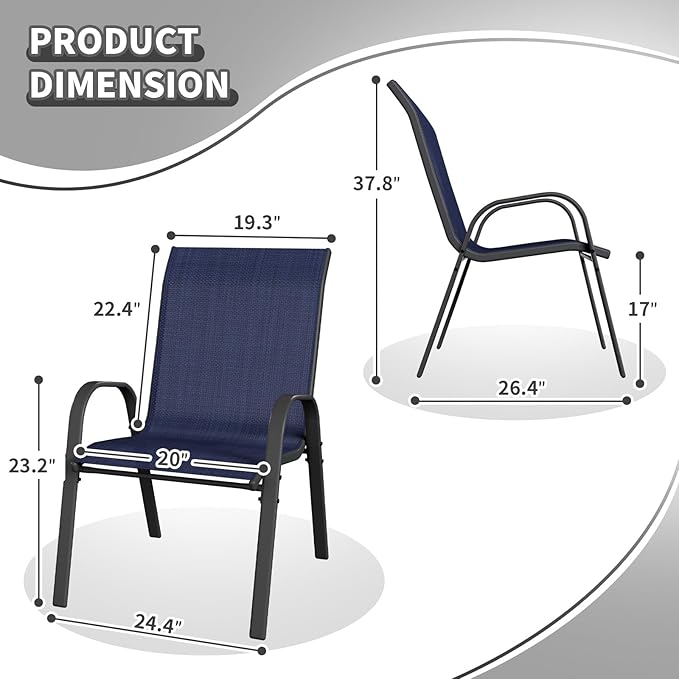 Patio Dining Chairs Set of 6, Outdoor High Stacking Chairs，Breathable Seat Fabric and Alloy Steel Frame for Backyard, Porch, Garden, Sunroom (Blue) - Image 3