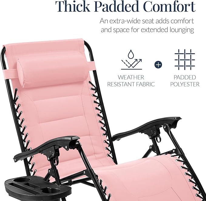 Best Choice Products Oversized Padded Zero Gravity Chair, Folding Outdoor Patio Recliner, XL Anti Gravity Lounger for Backyard w/Headrest, Cup Holder, Side Tray, Polyester Mesh - Bubblegum Pink - Image 4