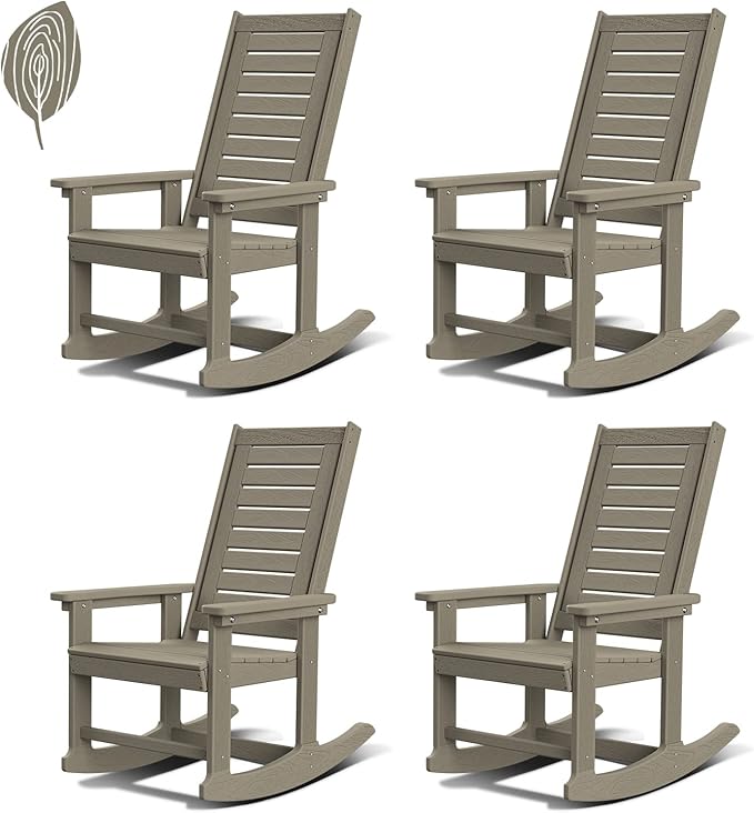 GREENVINES Outdoor Rocking Chairs | Set of 4 | Porch Rocker | HDPE Plastic | Wood Grain | Oversized Rockers | High Back | Big & Tall | Ladder Back | Desert Brown | for Patio Outside by GreenVines