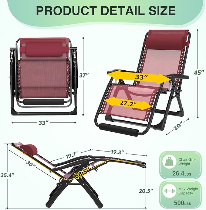 Suteck Oversized Zero Gravity Chair,33In XXL Lounge Chair w/Removable Cushion&Headrest, Reclining Camping Chair w/Upgraded Lock and Footrest, Reclining Patio Chairs Recliner for Indoor Outdoor,500LBS - Image 2