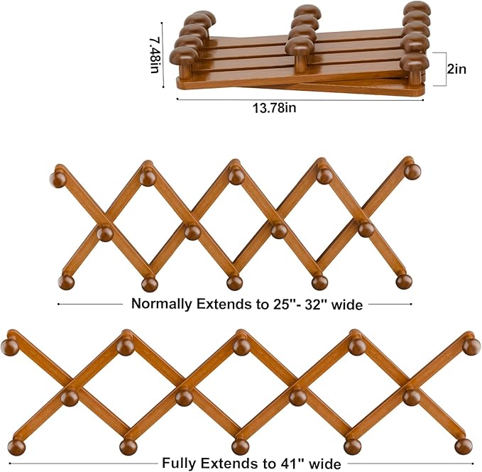 WGFKVAS Hat Rack for Wall with 14 Hooks, Solid Wooden, Expandable Coat Rack - Image 2