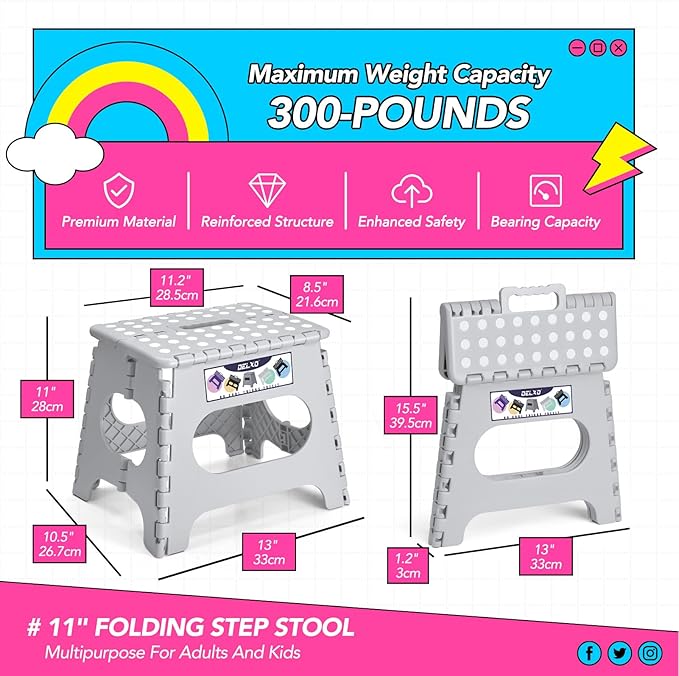 Delxo Folding Step Stool, 11 inch Non-Slip Foldable Stools for Kids & Adults Up to 300 LBS, Step Stool with Handle, Lightweight for Kitchen, Bathroom, Bedroom, Garden, Grey, 1PC - Image 2
