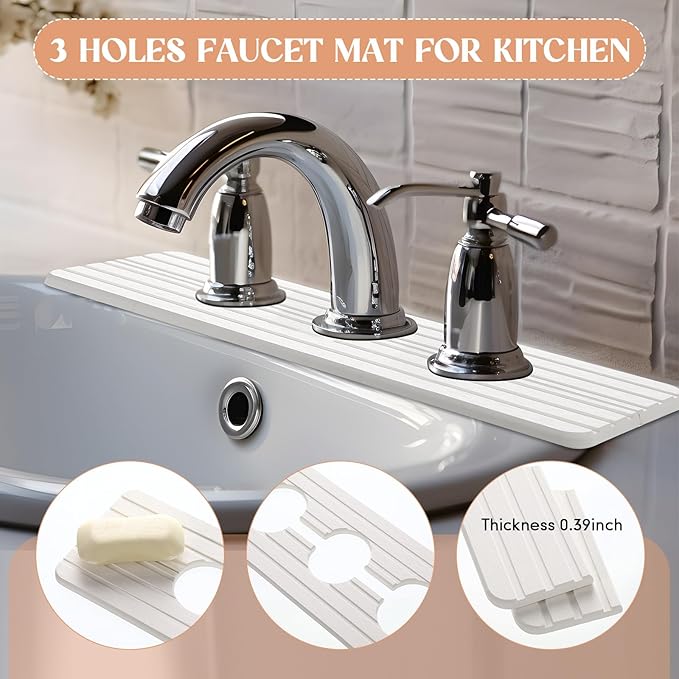 3 Hole White Faucet Mat for Kitchen Sink Bathroom 16.1" x 5" Kitchen Faucet - Image 5