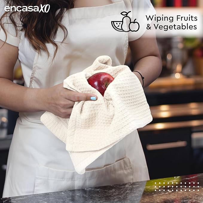 Encasa XO Kitchen Dish Towels Set | Solid Off White | Waffle Weave and Flat - Image 3