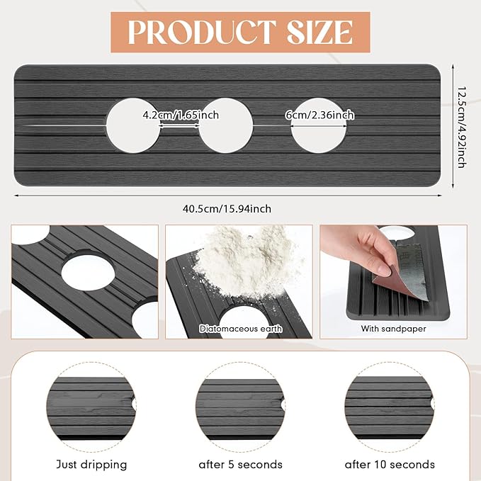 3 Hole Gray Faucet Mat for Kitchen Sink Bathroom 15.94" x 4.92" Kitchen Faucet - Image 2