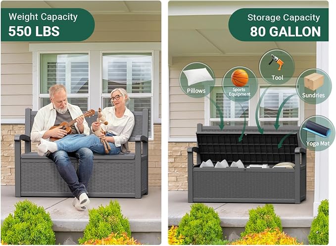 80 Gallon Outdoor Storage Box, Resin Patio Furniture with Armrest, Lockable Deck Box with Waterproof and UV Resistant for Patio Cushions, Garden Tools and Pool Supplies, Grey - Image 6