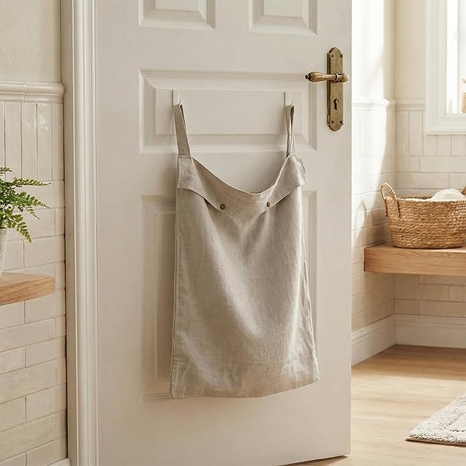 100% Linen Hanging Laundry Hamper Bag 22x36 Inch, Over the Door - Image 6