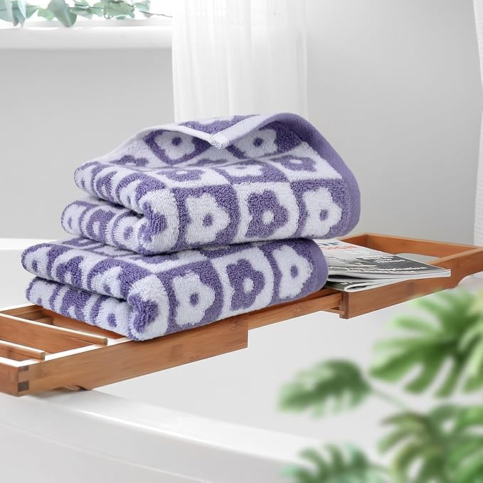 Jacquotha Cotton Hand Towels Lilac Checkered Floral - Image 4