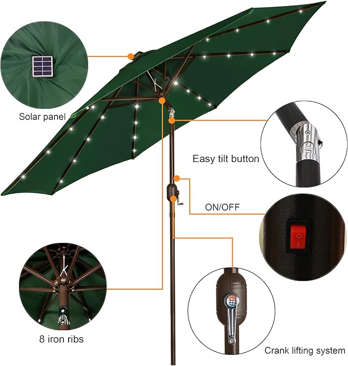 Blissun 9 ft Solar Umbrella, 32 LED Lighted Patio Umbrella, Table Market Umbrella, Outdoor Umbrella for Garden, Deck, Backyard, Pool and Beach (Dark Green) - Image 2