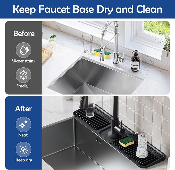 24"Longer Silicone Faucet Mat For Kitchen Sink Splash Guard -7° Slope Snap - Image 9
