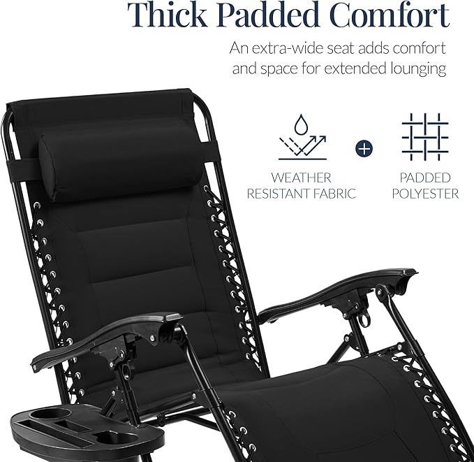 Best Choice Products Oversized Padded Zero Gravity Chair, Folding Outdoor Patio Recliner, XL Anti Gravity Lounger for Backyard w/Headrest, Cup Holder, Side Tray, Polyester Mesh - Black - Image 4