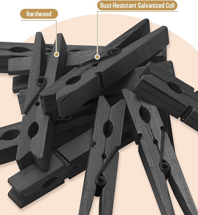 100 Pack Black Clothespins 2.9 Inch, Heavy-Duty Wood Rust-Resistant Clothes Pins - Image 3