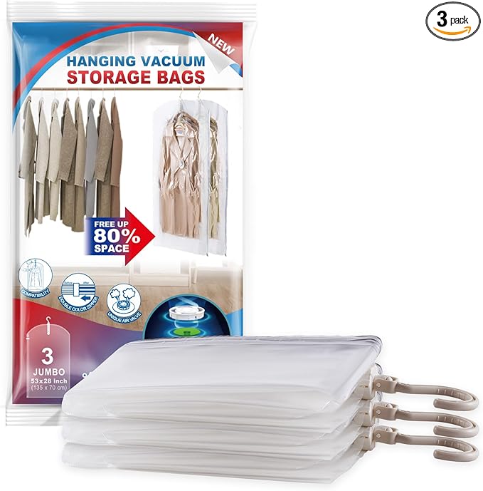 Hanging Vacuum Storage Bags, 3 Pack Large Hanging Vacuum Seal Bags by VELMADE