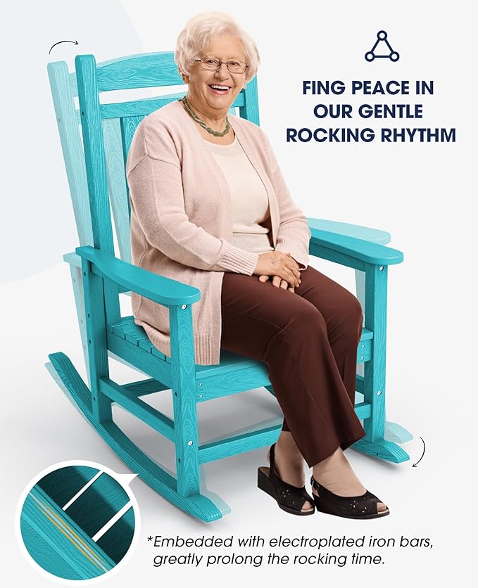 KINGYES HDPE Rocking Chairs Outdoor, Patio Rocking Chairs with 330lbs Support, Smooth Porch Rocker for Deck Lawn Yard, Aruba Blue - Image 7