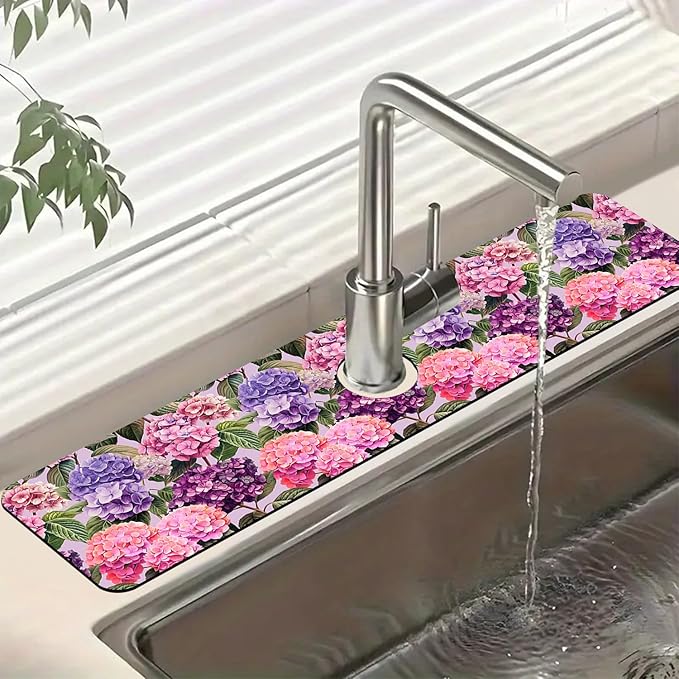 Colorful Hydrangea Kitchen Sink Splash Guard Faucet Mat Purple Pink Hydrangea by Unknown