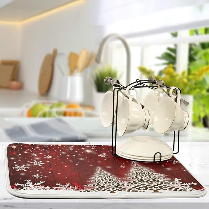 Christmas Tree Dish Drying Mat 18x24 inch Xmas New Year Snowflake Wooden Dish - Image 5