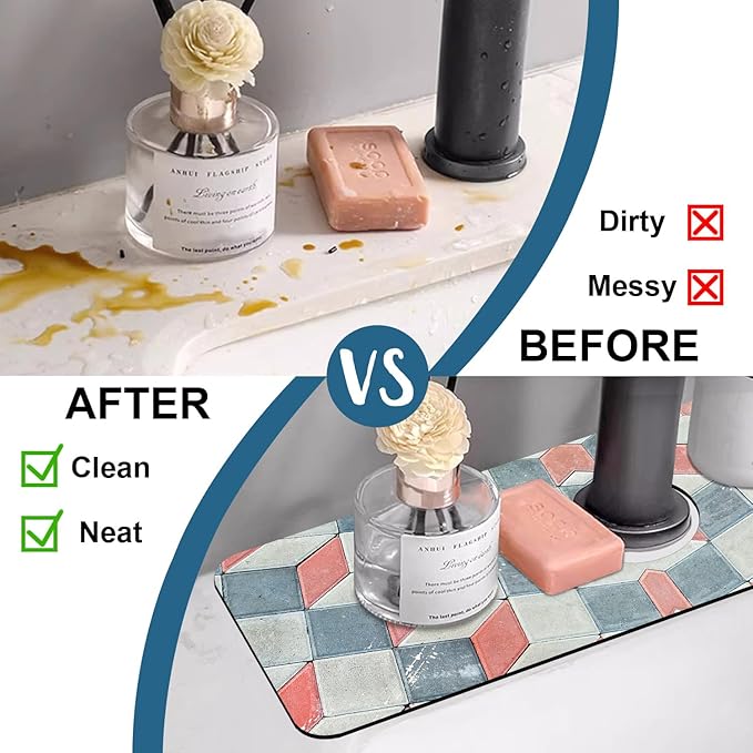 Red Gray Tile Sink Splash Guard Faucet Mat Red White Diamond Super Absorbent - Image 6