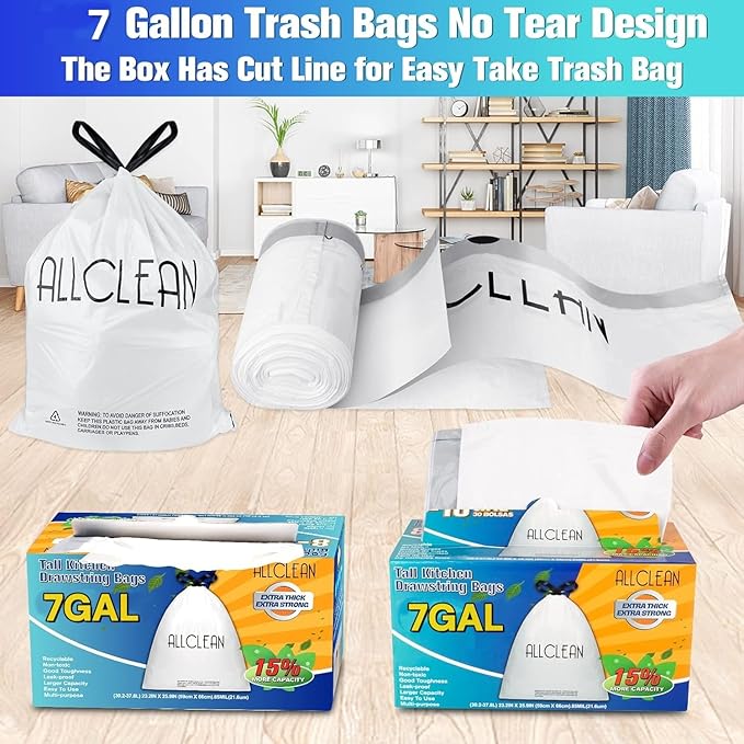 Trash Bags 7 Gallon Medium Kitchen Drawstring Bathroom Garbage Bags, Fit 7 Gal - Image 7
