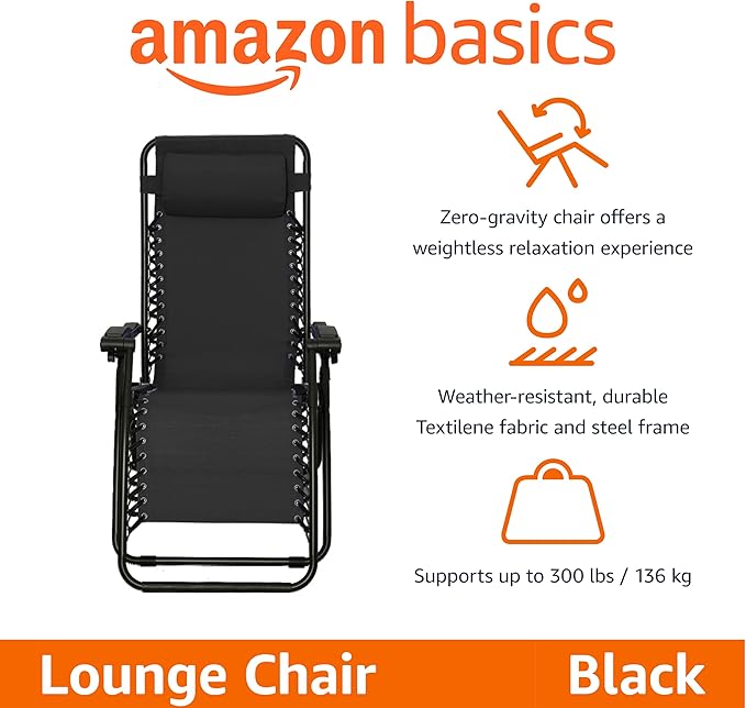 Amazon Basics Outdoor Patio Zero Gravity Portable Folding Reclining Lounge Chair with Padded Headrest Pillow, Weather Resistant Textilene, 26", Black - Image 4