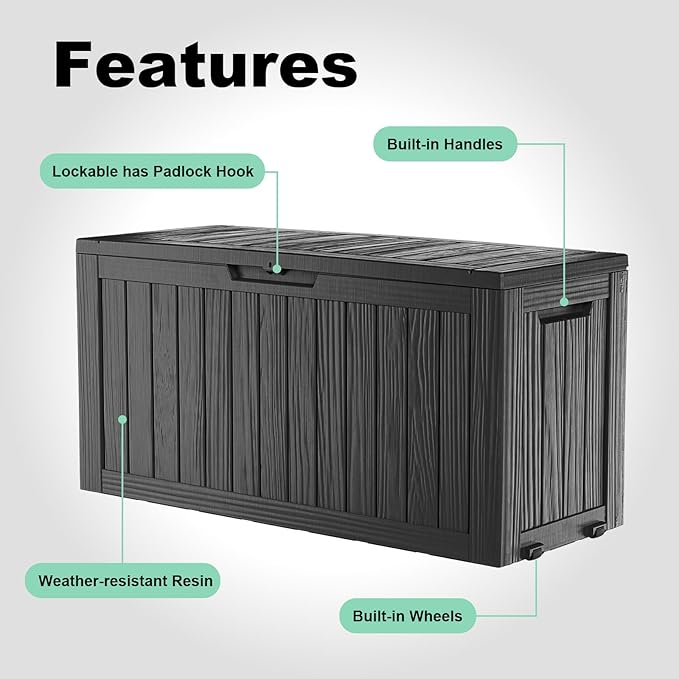 85 Gallon Outdoor Deck Box, Lockable Waterproof Outdoor Storage Boxes For Garden Tools,Indoor Cushions,Accessories Outside Storage Resin Weatherproof Container(Black) - Image 4
