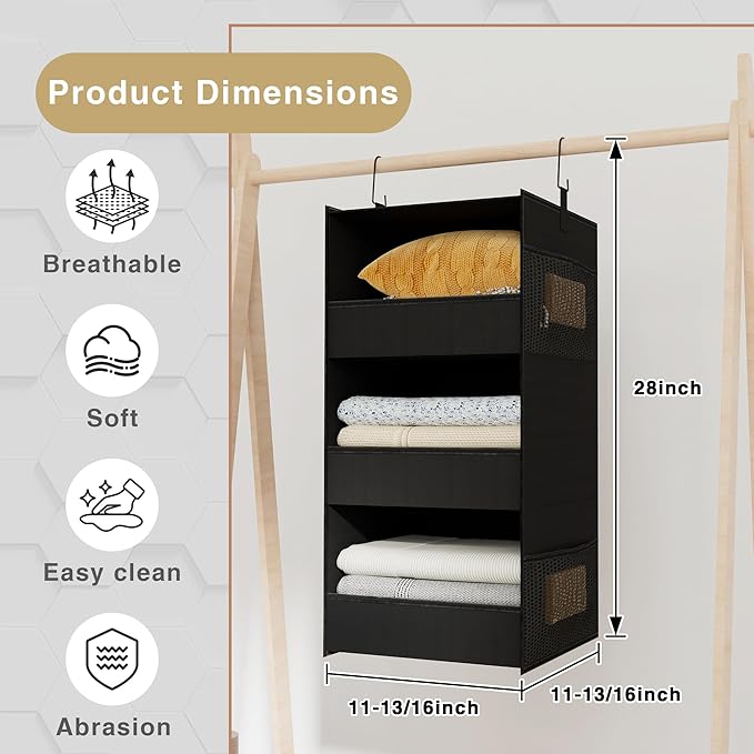 3-Shelf Hanging Closet Organizer and Storage, Foldable Hanging Closet Shelves - Image 3