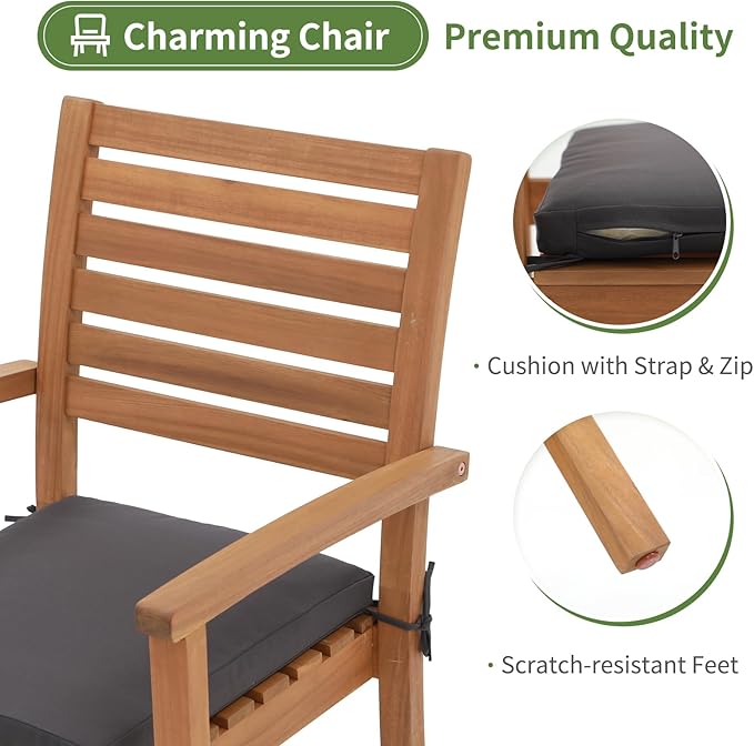 OC Orange-Casual Stackable Patio Dining Chairs Set of 6, Outdoor Acacia Wooden Chairs w/Armrest & Removeable Fabric Cushion, for Porch, Backyard, Garden, Indoor, Dark Grey - Image 4
