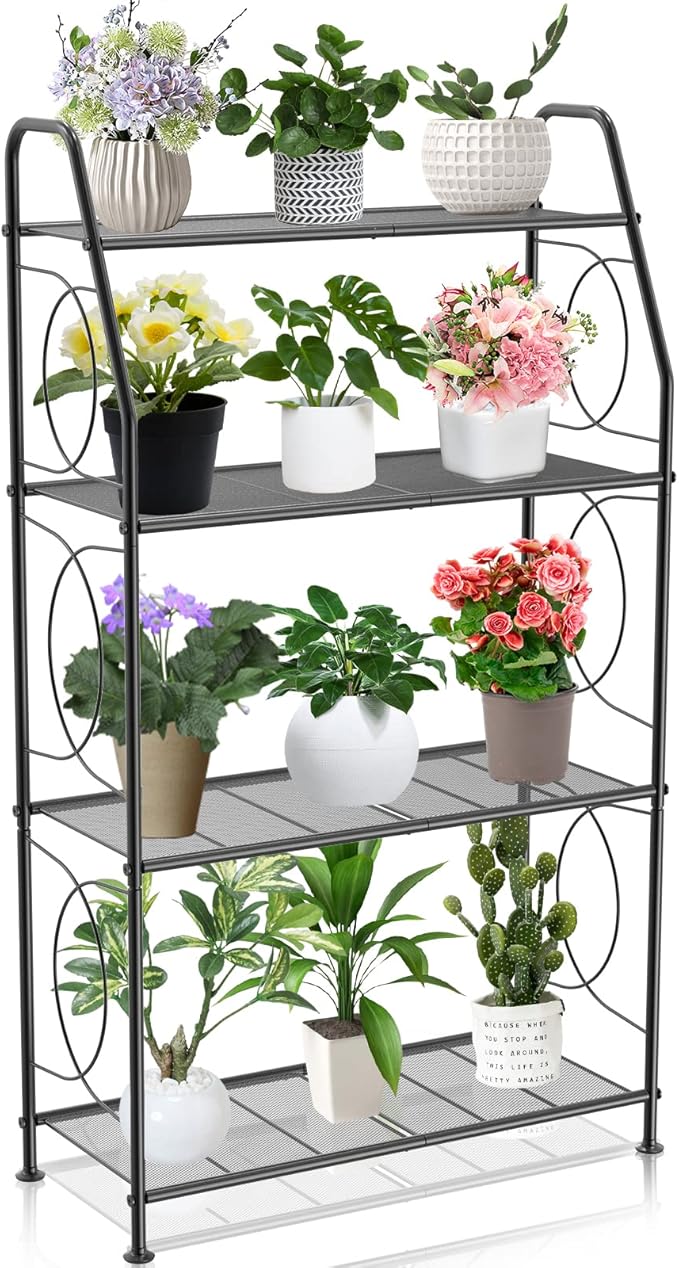 Plant Stand, 4 Tier Plant Shelf for Indoor Outdoor, Heavy Duty Metal Tall Plant Stands Holder Rack for Living Room Balcony and Garden, Black by VyGrow