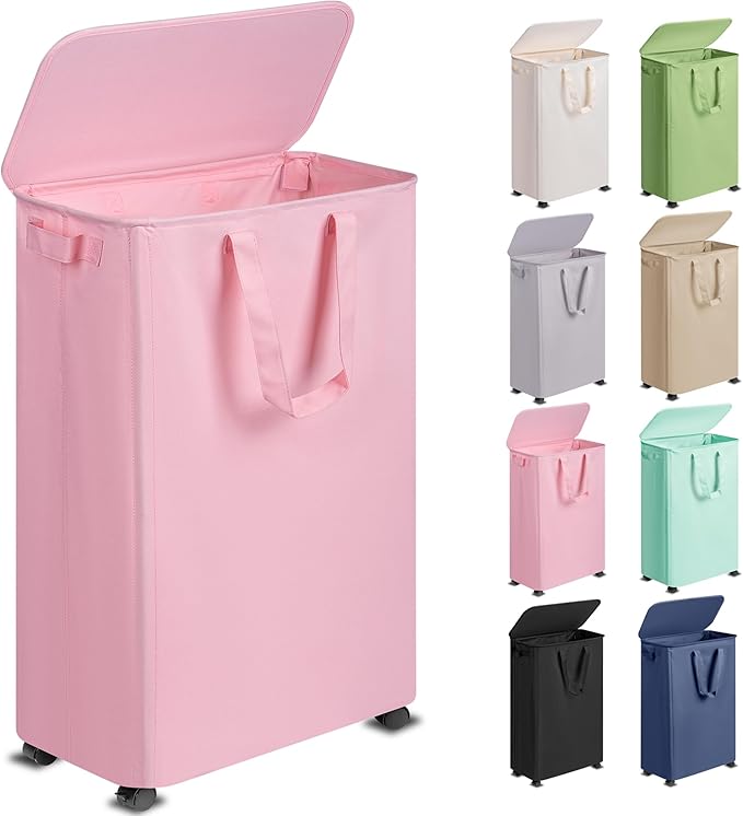 Slim Laundry Hamper with Lid and Wheels, Small Rolling Laundry Basket with by Vincona
