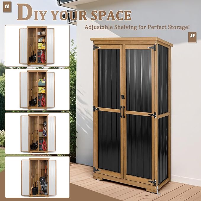 PetsCosset Outdoor Storage Cabinet, Wood & Metal Storage Shed with Weather-Resistant Roof, Removable Shelves, Lockable Doors, Outside Storage Tool Organizer for Garden, Patio, Backyard, Garage, Pool - Image 5