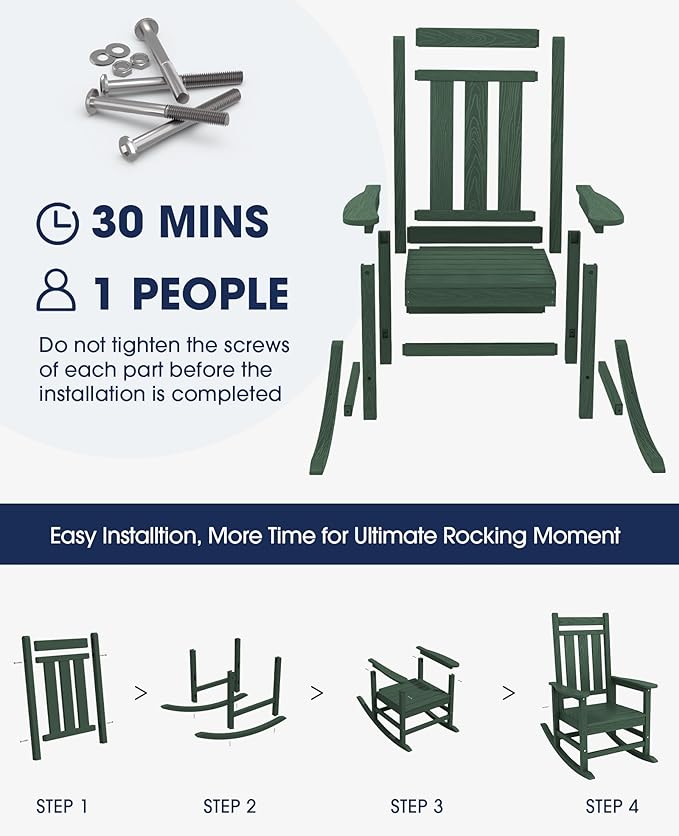 KINGYES Oversized Outdoor Rocking Chair Set of 2, All-Weather Patio Rocking Chairs for Porch, HDPE Outdoor Patio Rockers with High Back & Wide Seat for Garden, Lawn, Green - Image 3