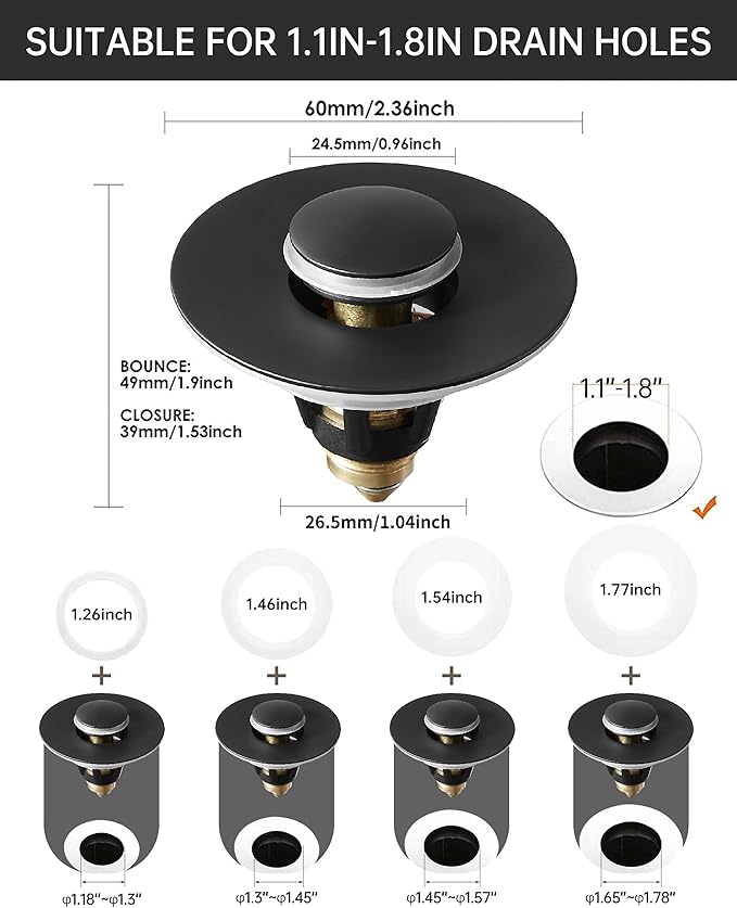 Fransiton 2 Pack Bathroom Sink Stopper, 1.1-1.77 Inch Basin Pop Up Black Sink - Image 2