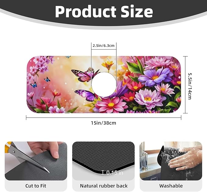 Pink butterfly flower Kitchen sink faucet pad, strong water absorption - Image 2