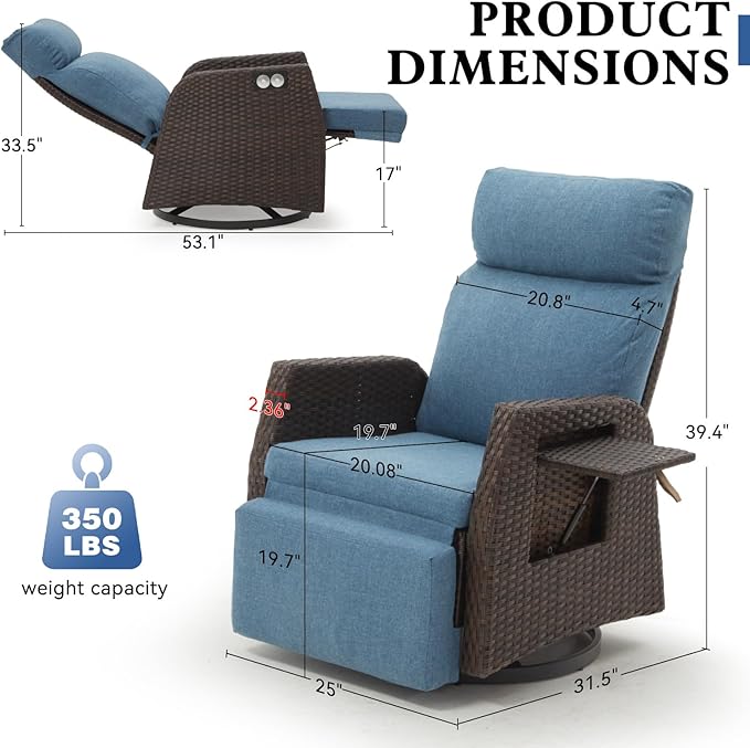 Adjustable Outdoor Recliner Chair with Independent Backrest & Footrest, Patio Swivel Recliner Chair, Wicker Reclining Patio Chair w/Flip-Up Table, Air Pump 155° Lay Flat Chaise Lounge, Blue - Image 2