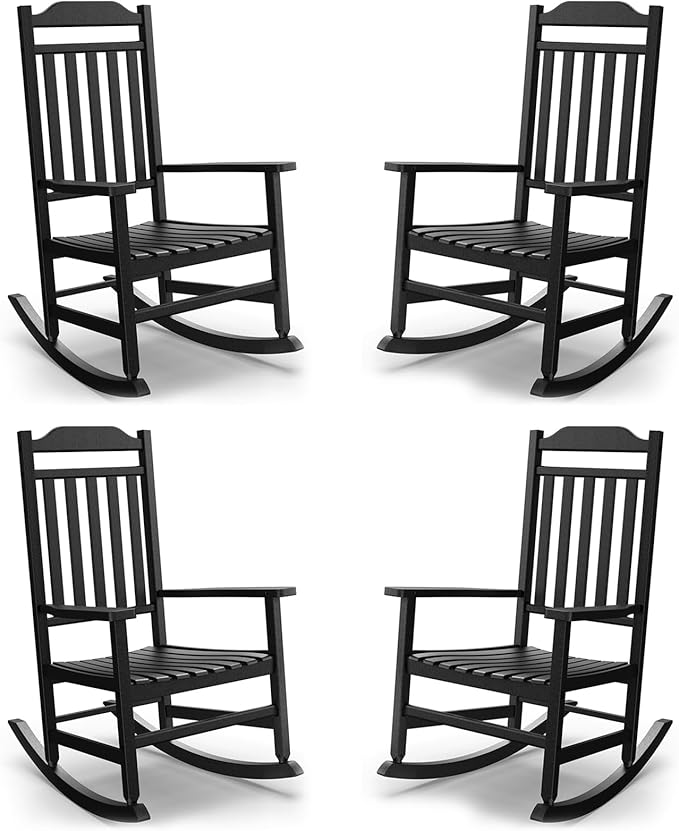 Patio Rocking Chair Outdoor Set of 4,Weather Resistant Poly Resin Oversized Porch Rocker,High Back Smooth Design,350lb Weight Capacity,Indoor Outdoor Use(4, Black) by GYMHILL