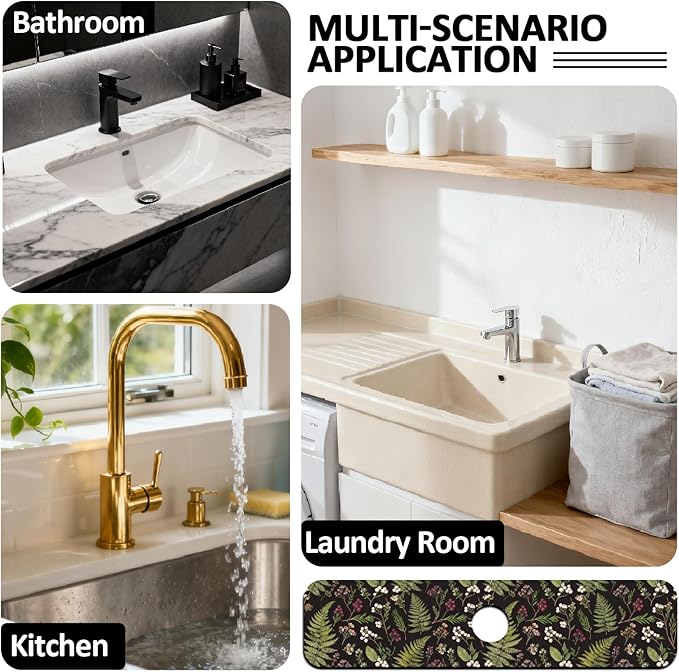 2 Pcs Kitchen Sink Splash Guard Faucet Mats Vintage Fern and Berries Pattern - Image 7