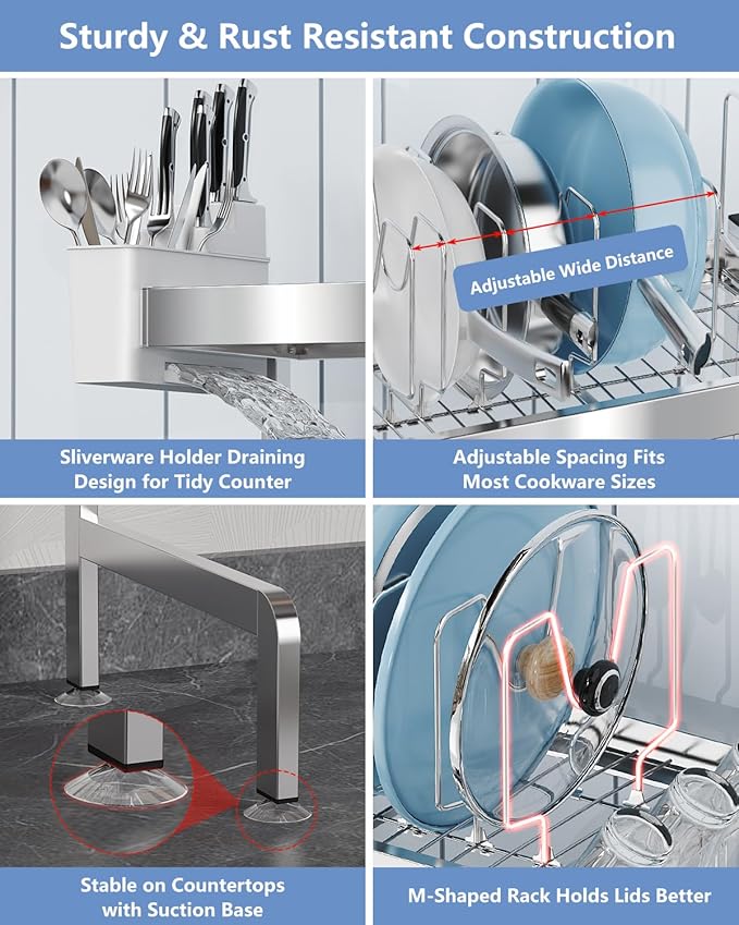 3 Tier Extra Large Over The Sink Dish Drying Rack, Expandable Stainless Steel - Image 6