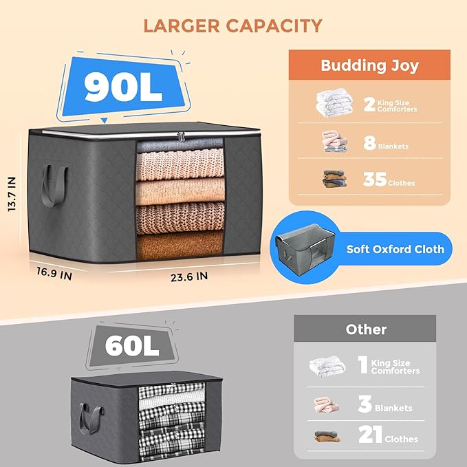 90 L Large Storage Bags, 6 Pack Clothes Storage Bins Foldable Closet Organizers - Image 2