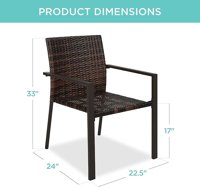 Best Choice Products Set of 2 Stackable Outdoor Wicker Dining Chairs All-Weather Firepit Armchair w/Armrests, Steel Frame for Patio, Deck, Garden, Yard - Brown - Image 3
