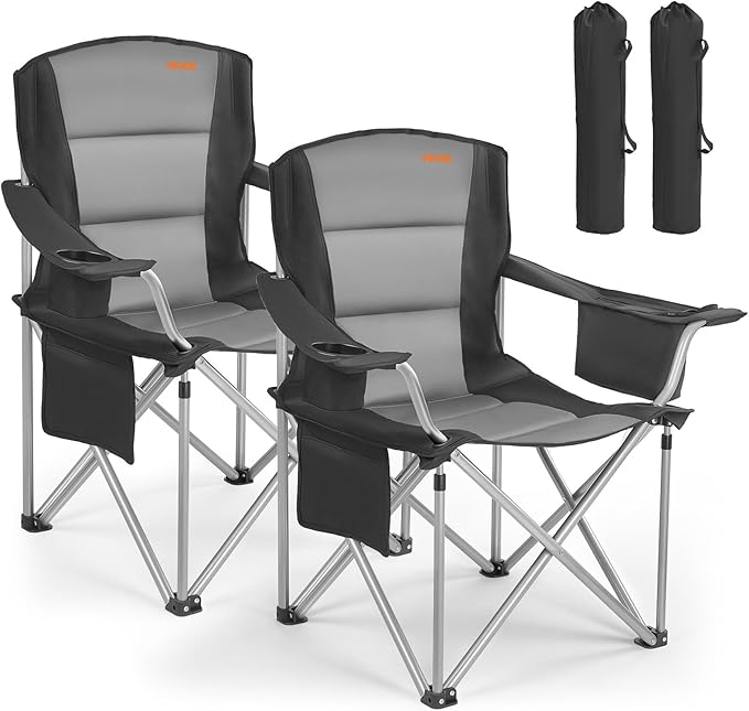 VEVOR Oversized Camping Folding Chair, Portable Heavy Duty Outdoor Quad Lumbar Back Padded with Side Pockets, Cup Holder and Cooler Bag for Beach, Lawn, Picnic, Fishing, Backpacking, 2 Pack by VEVOR