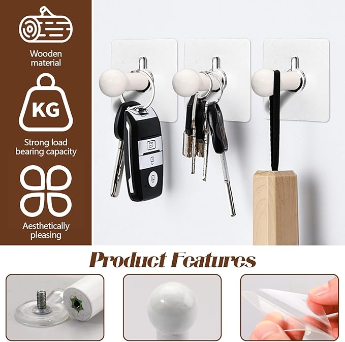 10Pcs Wood Wall Hooks, Natural Wooden Coat Hooks Wall Mounted, Rustic - Image 3