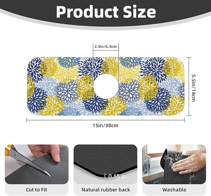 Dahlia Floral Colorful Flower Kitchen Sink Splash Guard Faucet Mat Super - Image 2
