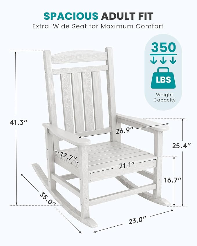 SERWALL Oversized Outdoor Rocking Chair, All-Weather Patio Rocking Chair, HDPE Porch Rocker for Adults, White - Image 3