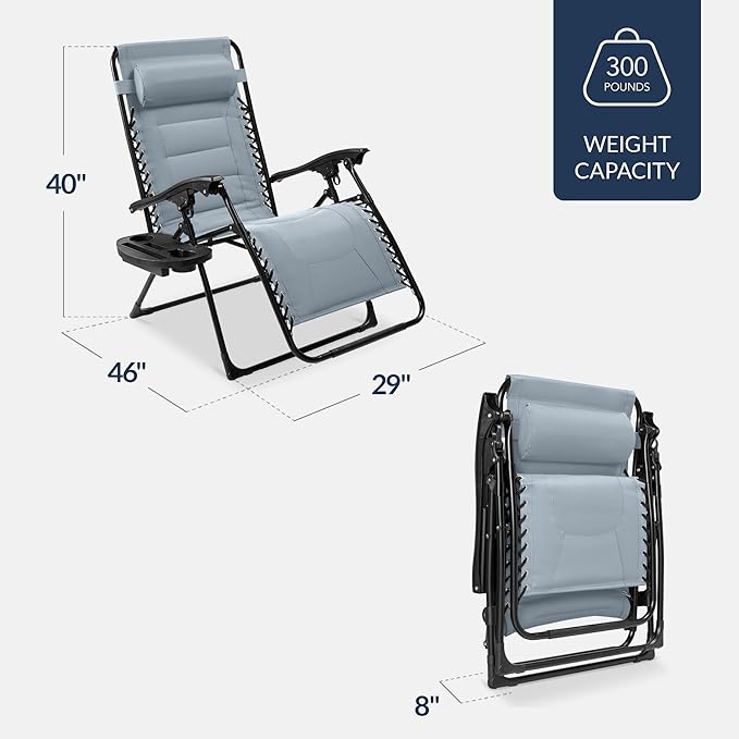 Best Choice Products Oversized Padded Zero Gravity Chair, Folding Outdoor Patio Recliner, XL Anti Gravity Lounger for Backyard w/Headrest, Cup Holder, Side Tray, Polyester Mesh - Breeze Blue - Image 2