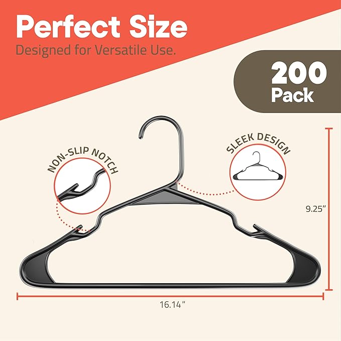 Gray Plastic Hangers 200 Pack– Heavy-Duty Plastic Hangers Slim and Space-Saving - Image 2