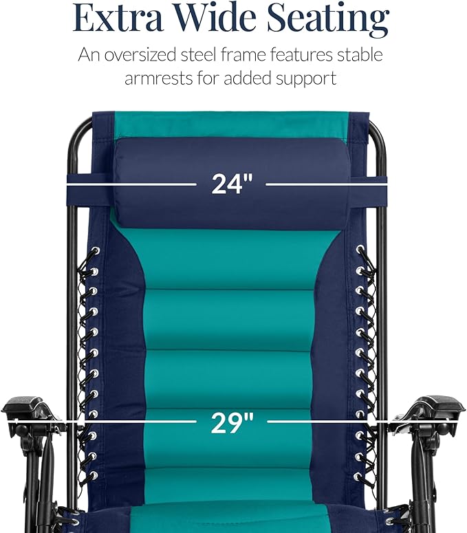 Best Choice Products Oversized Padded Zero Gravity Chair, Folding Outdoor Patio Recliner, XL Anti Gravity Lounger for Backyard w/Headrest, Cup Holder, Side Tray, Polyester Mesh - Navy/Teal - Image 4