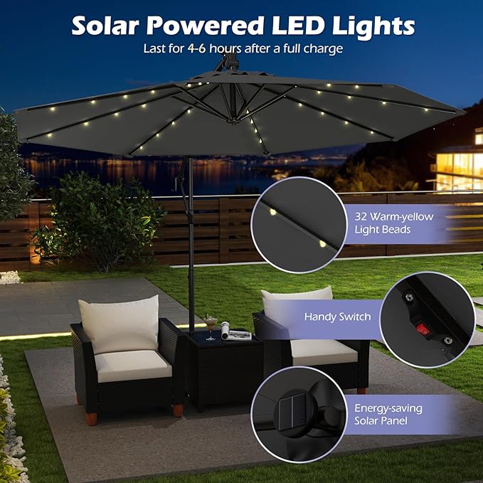 Tangkula 10ft Solar LED Patio Umbrella with Base, Offset Cantilever Outdoor Umbrella with 32 LED Lights, Infinite Tilt, 360 Degree Rotation, Crank Handle for Pool Deck Garden Backyard (Gray) - Image 6